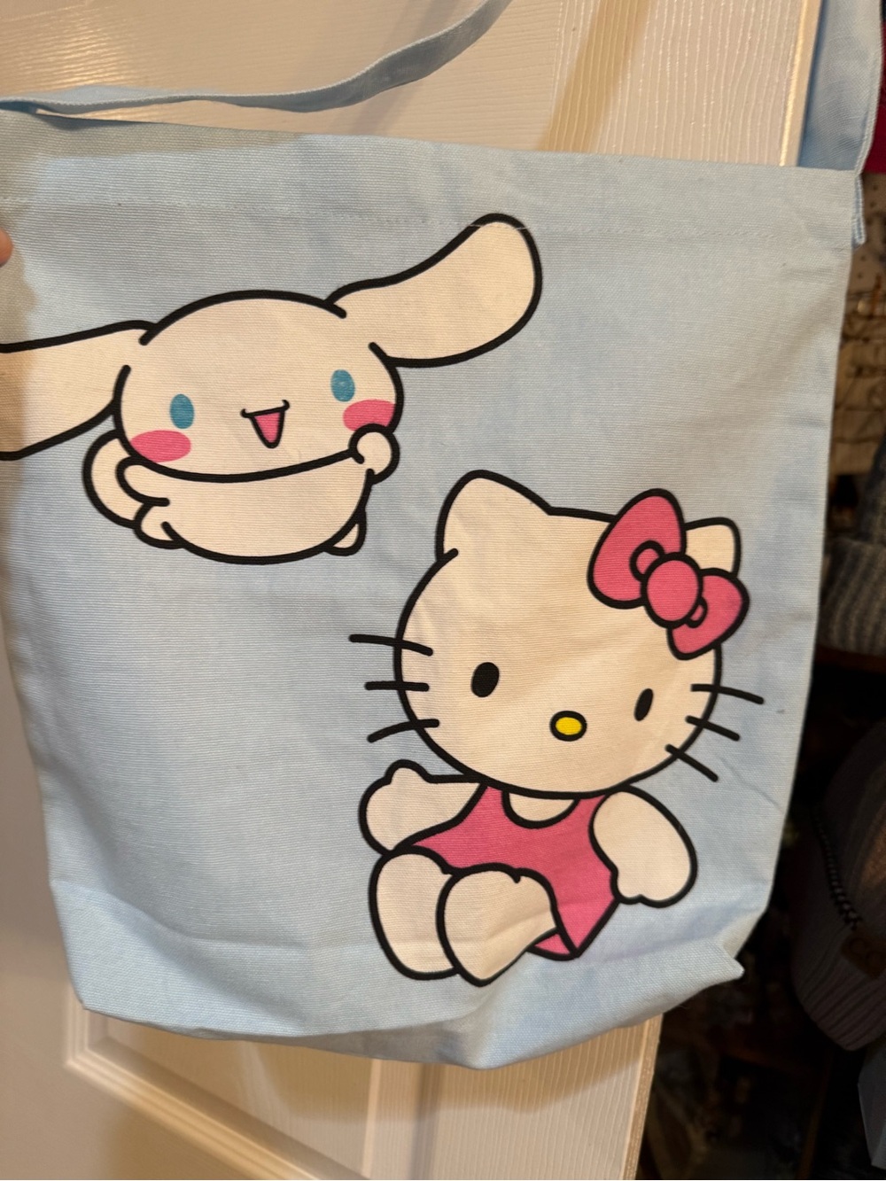 Hello Kitty Light Blue Tote Bag with Pink Accent Long Handle With Tie Knot End